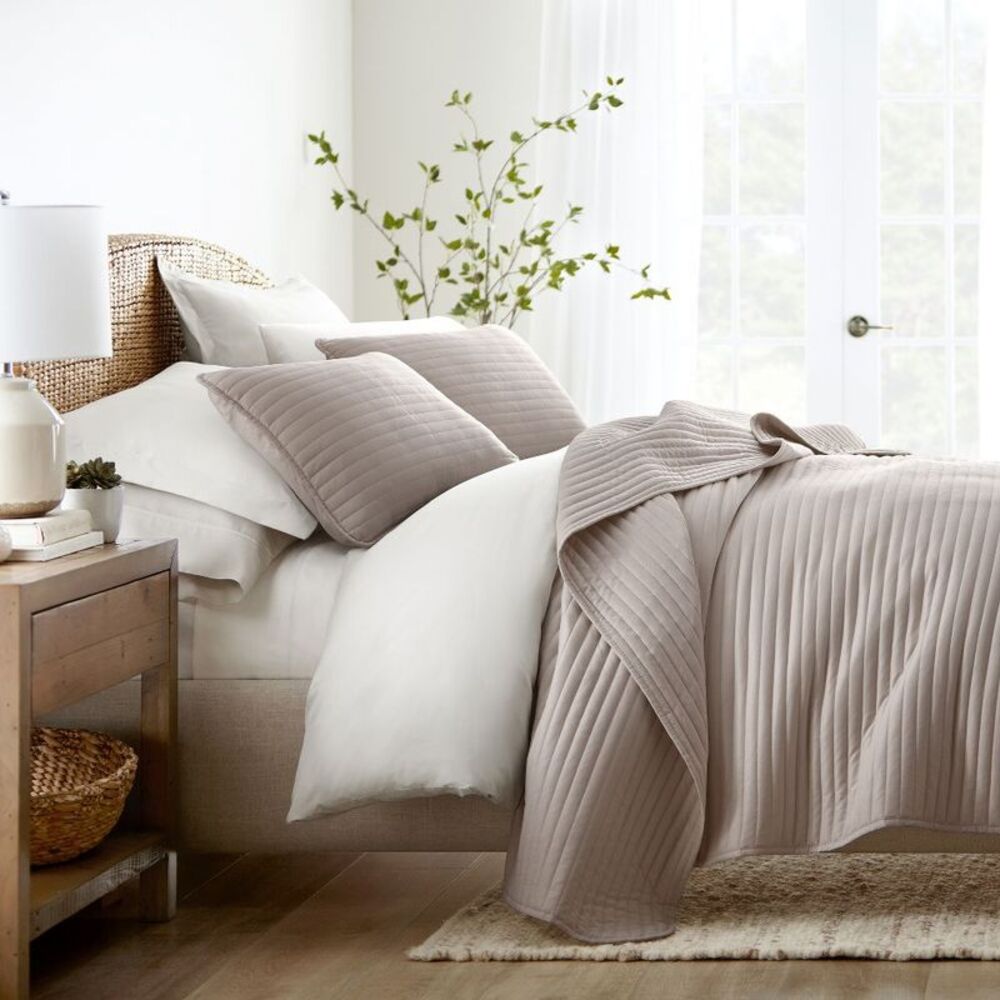 Stripes Floral and Diamonds Quilted Coverlet Set W Stripe Stitch/Latte